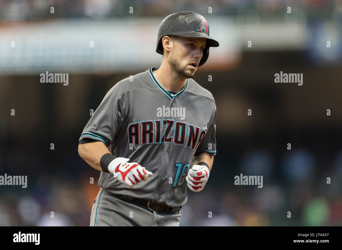 Milwaukee, WI, USA. 25. Mai 2017. Arizona-Diamantmarkierungen Shortstop Chris Owings #16 trifft einen Solo Homerun im zweiten Inning von Hauptliga-Baseball-Spiel zwischen den Milwaukee Brewers und die Arizona Diamondbacks im Miller Park in Milwaukee, Wisconsin. John Fisher/CSM/Alamy Live-Nachrichten Stockfoto