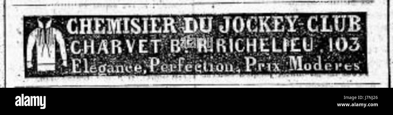 Eine Werbung aus dem Jahr 1839 von Charvet, einem renommierten französischen Modehaus, das für luxuriöse Hemden und Schneidereien bekannt ist. Der Werbespot spiegelt den Stil und die Qualität der Produkte wider, die Anfang des 19. Jahrhunderts angeboten wurden. Stockfoto
