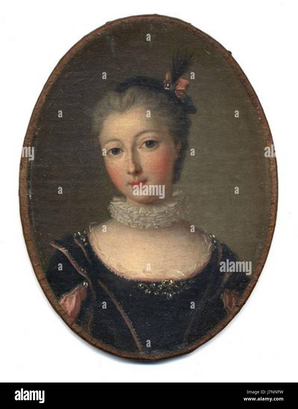Dieses Porträt der deutschen Prinzessin Caroline de Hesse-Rheinfels Rotenburg wurde von einer unbekannten Künstlerin geschaffen. Das Bild spiegelt die formale Kleidung und den Stil ihrer Ära wider und unterstreicht ihren edlen Status und ihre Bedeutung innerhalb der deutschen Aristokratie während ihrer Zeit. Stockfoto