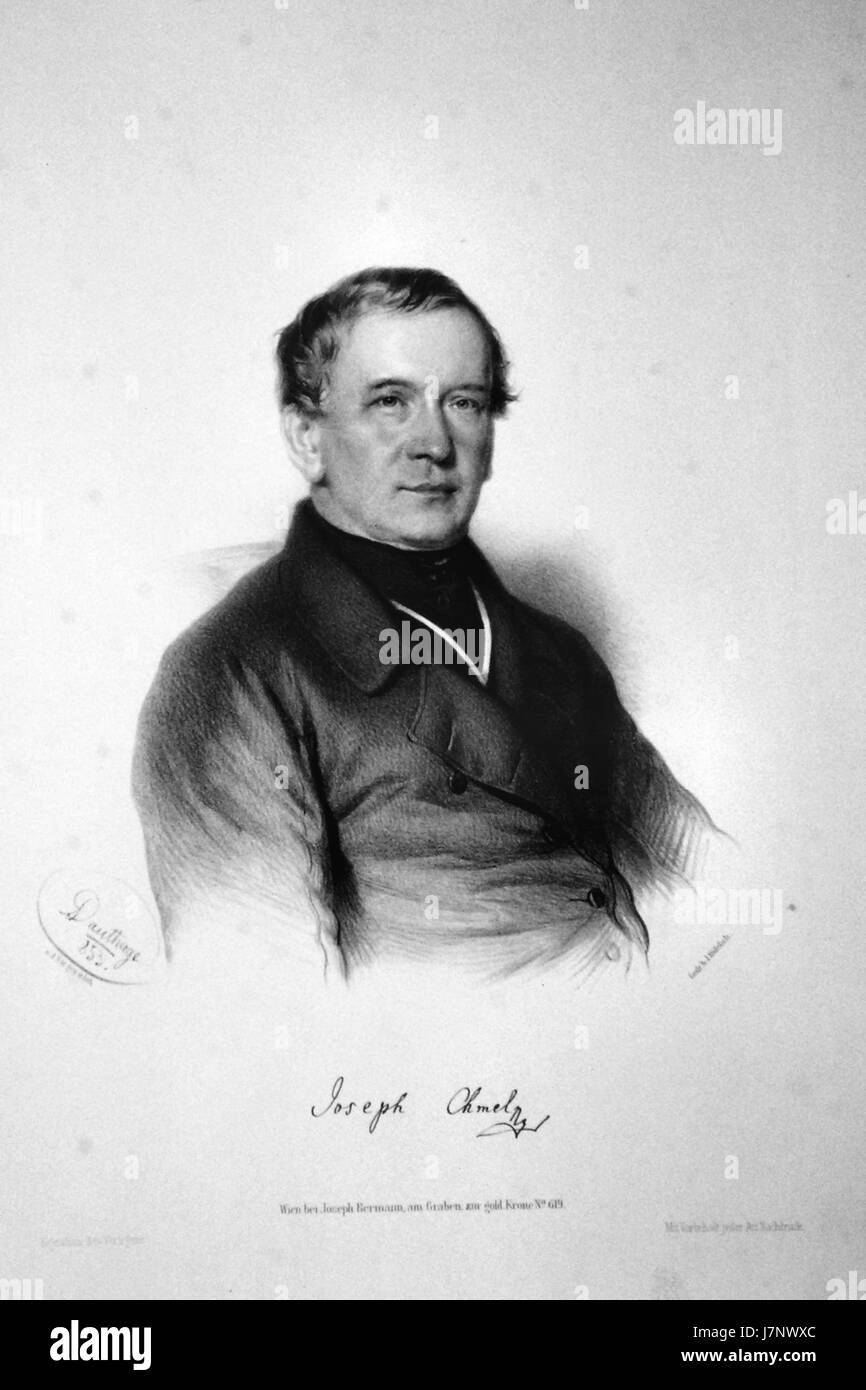 Joseph Chmel war ein tschechischer Künstler, der für seine Werke im 19. Jahrhundert bekannt war. Er wurde für seine Darstellungen historischer Szenen, Landschaften und Porträts anerkannt, die zur tschechischen bildenden Kunst beitrugen. Stockfoto