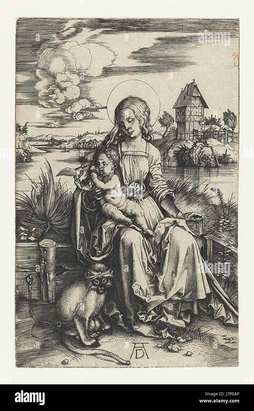 Ein Kunstwerk, das die Madonna mit dem Affen darstellt, ein gemeinsames Motiv in der europäischen Kunst, das Unschuld und Verspieltheit symbolisiert. Das Bild zeigt typischerweise die Jungfrau Maria, die das Christkind hält, mit einem Affen in der Nähe, der Versuchung oder menschliche Natur symbolisiert. Stockfoto