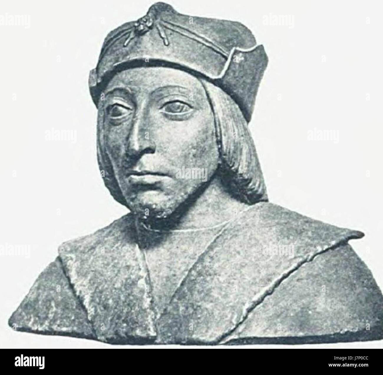 Die Büste von Karl VIII., einem französischen König aus dem späten 15. Jahrhundert, ist eine bemerkenswerte Darstellung der Renaissance-Kunst, die die Merkmale des Monarchen während seiner Regierungszeit einfängt. Stockfoto