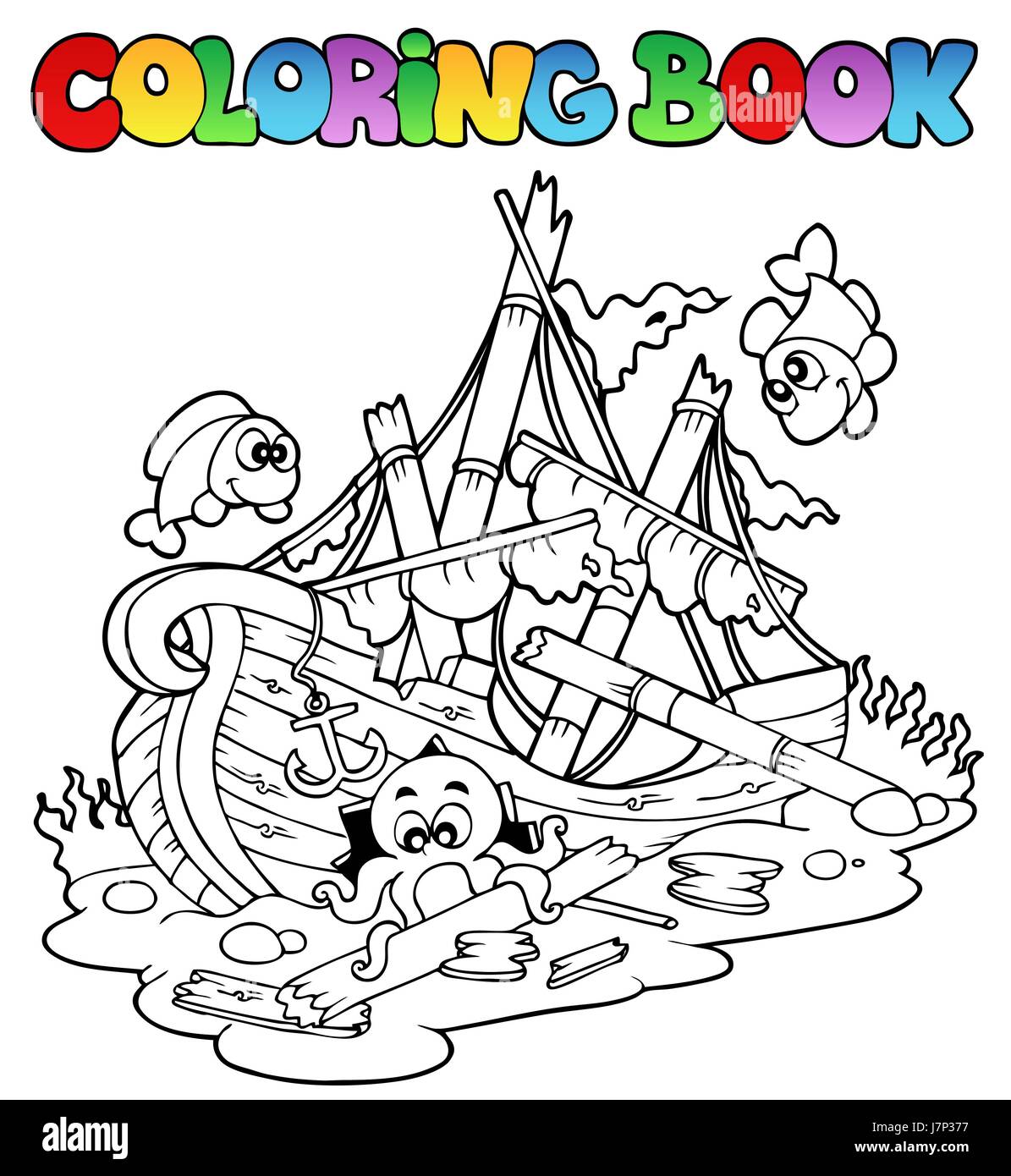 Farbe Farbe Wrack Schiffbruch bemalte Schiff Färbung Buch Segelboot Segelboot Stockfoto