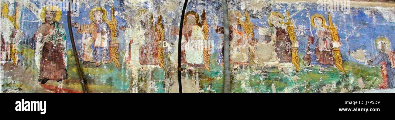 Das Agios Athanasios Kriva Fresco ist ein historisches Kunstwerk in der Agios Athanasios Kirche. Dieses Fresko aus dem 23. Jahrhundert zeigt religiöse Ikonographie und antike griechische Kunst. Stockfoto