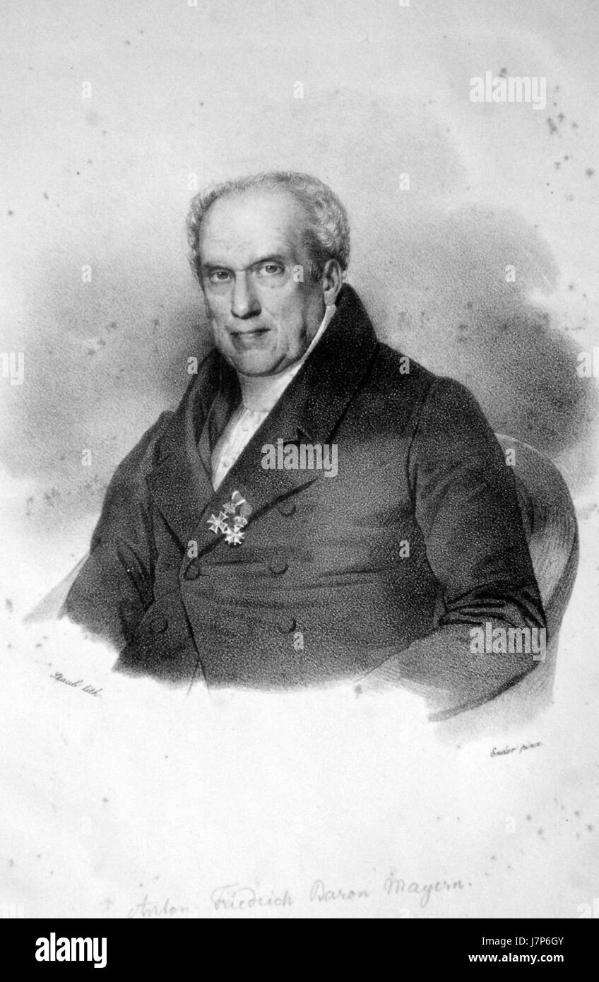 Diese Lithografie von Anton Friedrich von Mayern ist ein Beispiel für die deutsche Druckerei des 19. Jahrhunderts. Das Werk hebt Mayerns detaillierten künstlerischen Stil und die Beherrschung der Lithographie als Medium hervor. Stockfoto