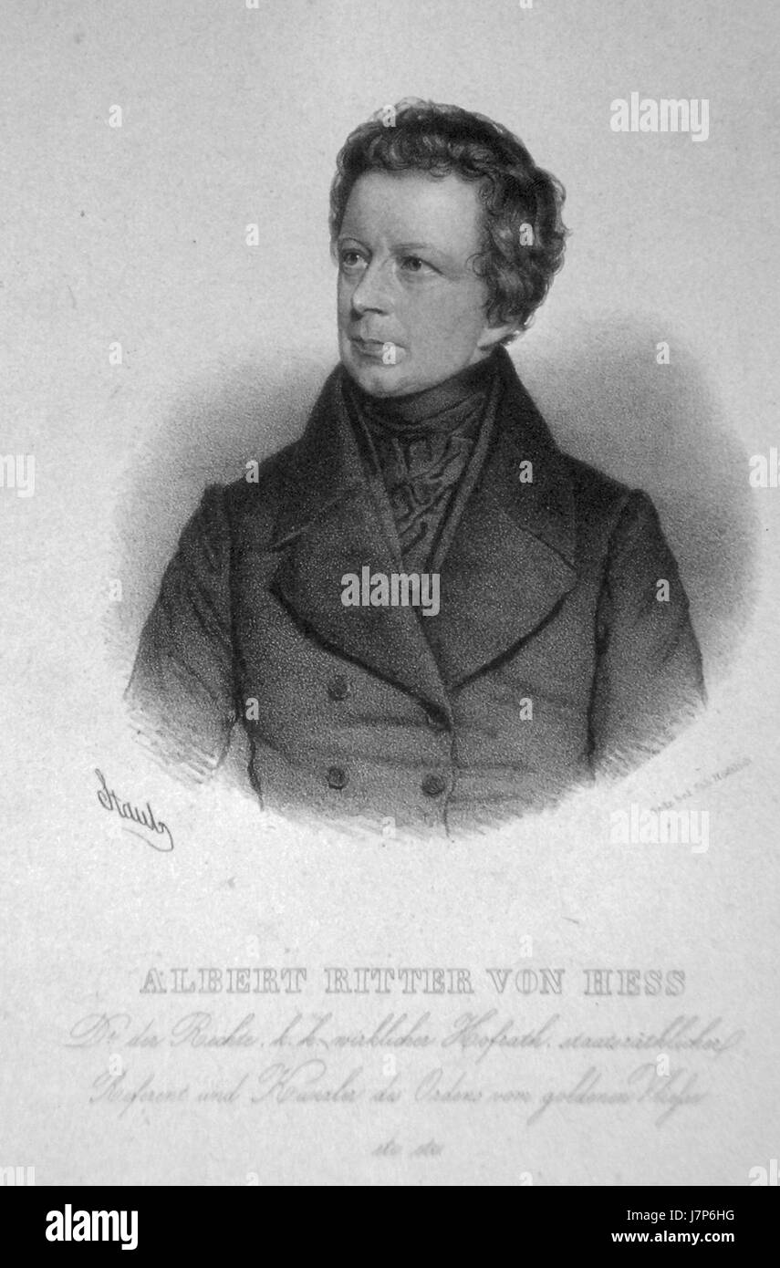 Diese Lithografie von Albert von Hess ist ein bemerkenswertes Beispiel für seine Kunst in der Druckerei. Das Stück spiegelt seinen detaillierten Ansatz wider, Motive mit präzisen Linien und Schattierungen zu porträtieren, die charakteristisch für sein Werk im 19. Jahrhundert sind. Stockfoto