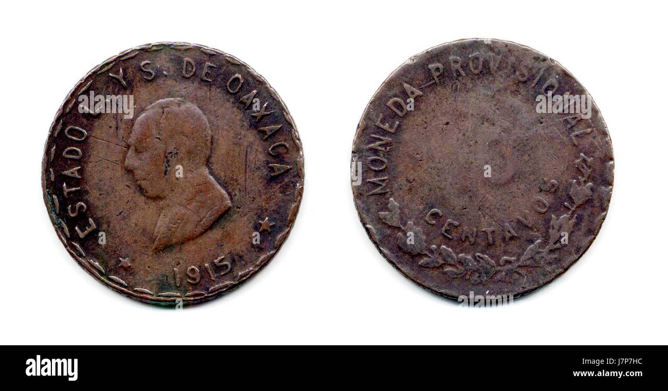 Dieses Bild zeigt eine 10-Centavos-Münze aus Oaxaca, Mexiko, aus dem Jahr 1915. Die Münze hat eine Büste mit geschlossenen Kragen auf der Vorder- und Rückseite. Stockfoto