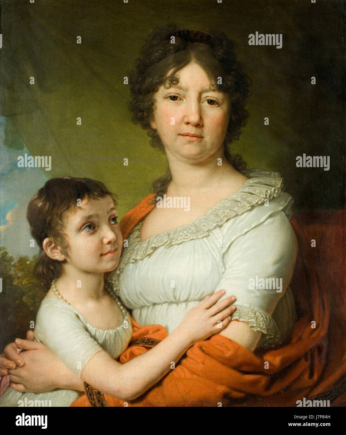 Dieses Gemälde von Vladimir Borovikowsky zeigt Anna Labzina mit ihrer Gemeinde Sofia. Das Kunstwerk, bekannt für seine feinen Details, ist ein Beispiel für russische Porträts aus dem 18. Jahrhundert, die den Status und die Beziehungen der russischen Aristokratie zu dieser Zeit widerspiegeln. Stockfoto