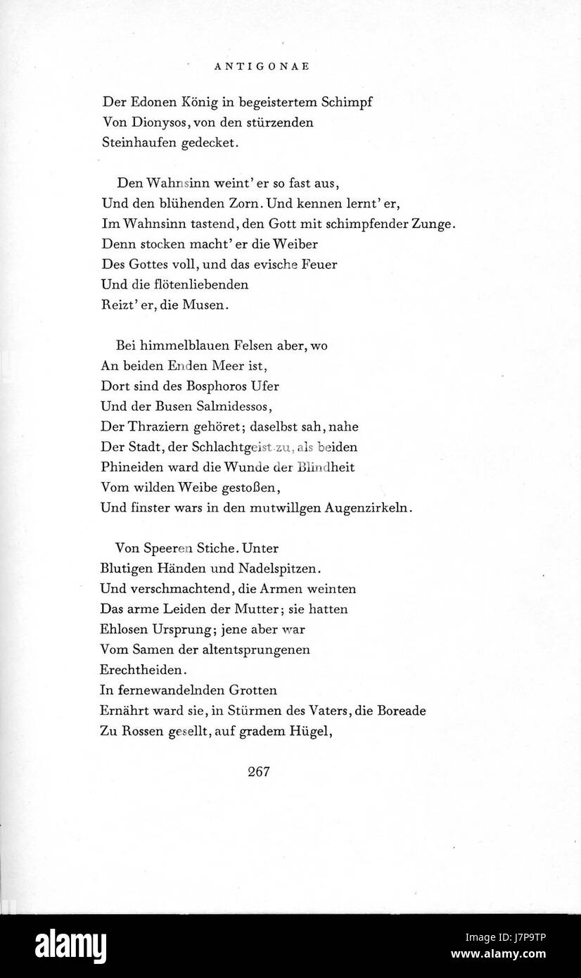 Ein Verweis auf ein Werk oder einen Text mit dem Titel „Antigonae 267“, das wahrscheinlich mit der klassischen Literatur in Verbindung steht und sich insbesondere auf die altgriechische Tragödie „Antigone“ von Sophokles konzentriert. Stockfoto