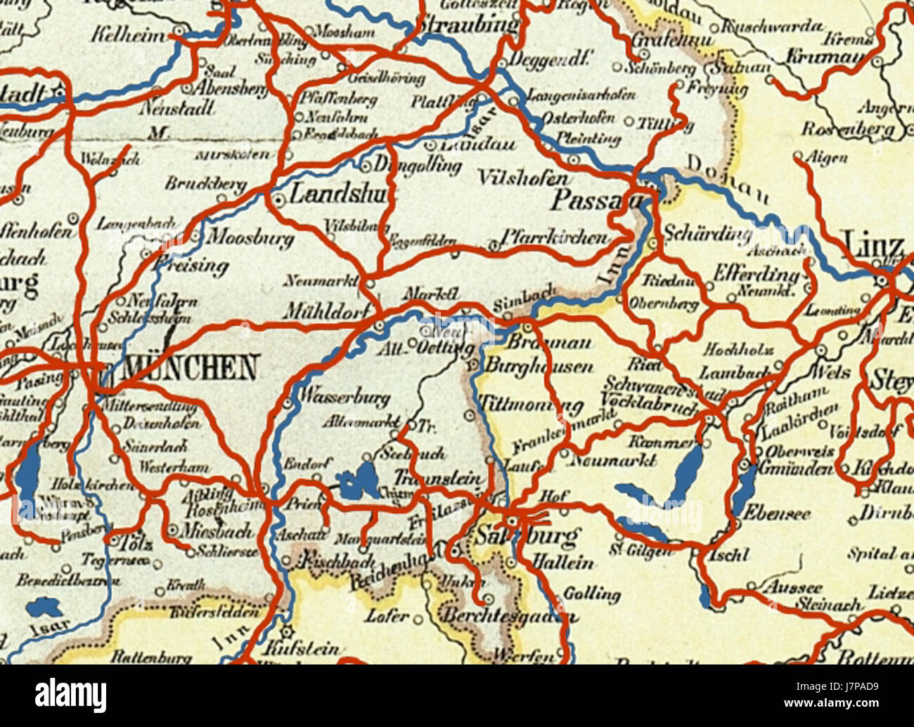 Dieser Auszug aus einer Eisenbahnkarte von 1899 zeigt die Region Oberbayern und zeigt das Verkehrsnetz und die Topographie Süddeutschlands Ende des 19. Jahrhunderts. Stockfoto