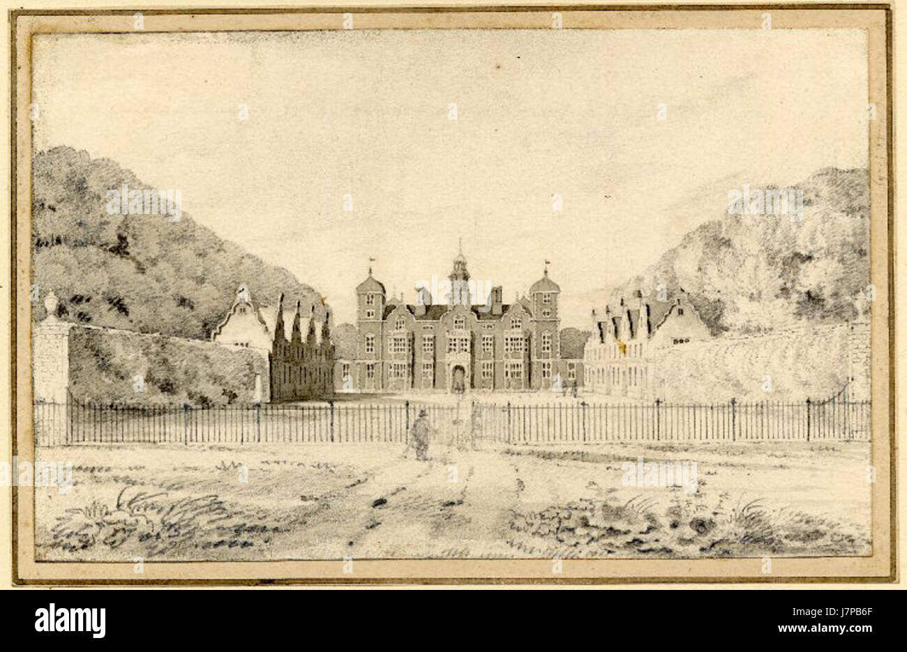 Blickling Hall, gemalt von George Shepheard, ist ein ikonisches englisches Landhaus in Norfolk, bekannt für seine architektonische Schönheit und historische Bedeutung. Stockfoto