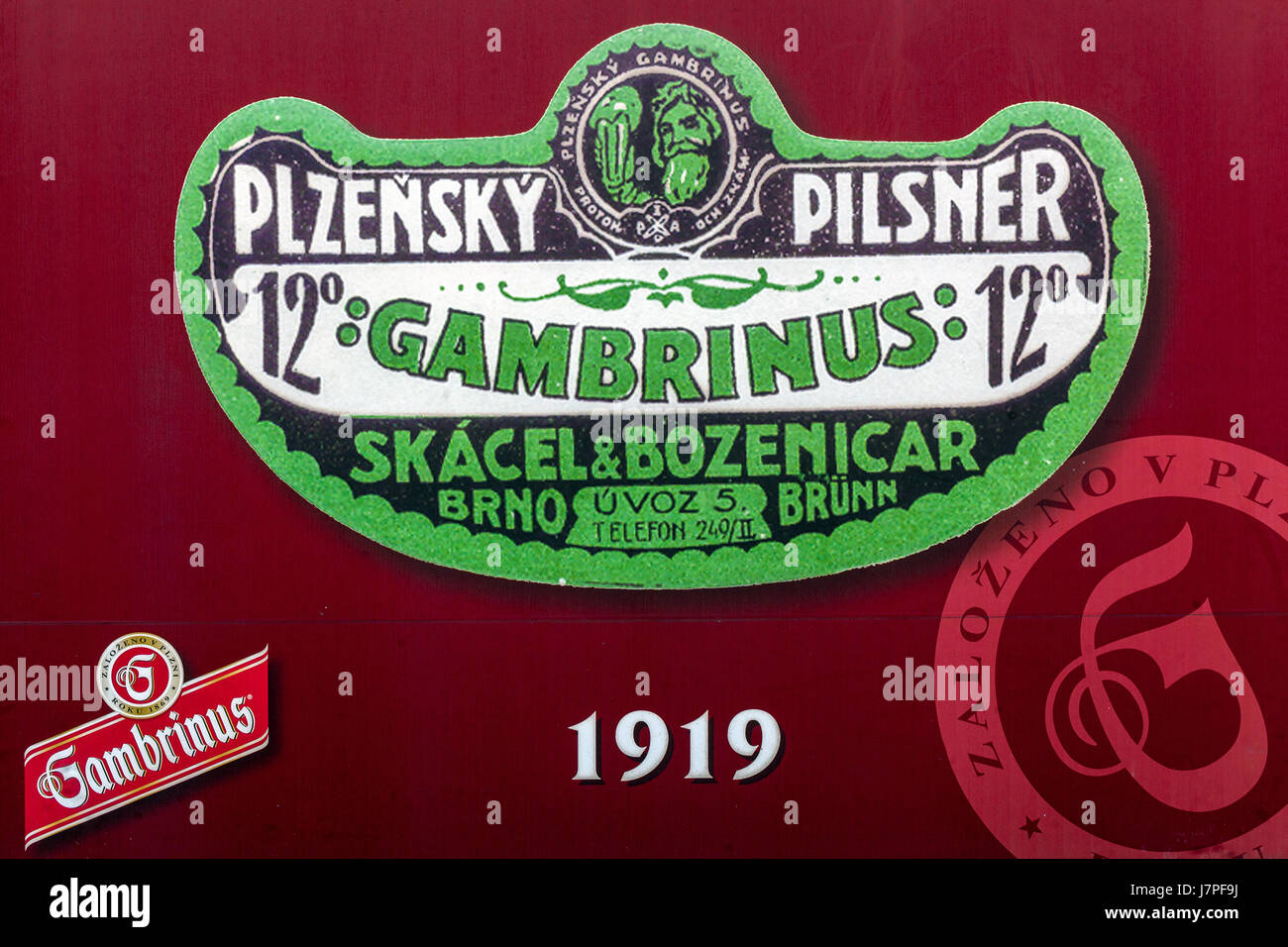 Geschichte der Marke Pilsner Brauerei Gambrinus, Logo, ab 1919, westlichen Böhmen, Tschechische Republik, Plzen, Europ Stockfoto