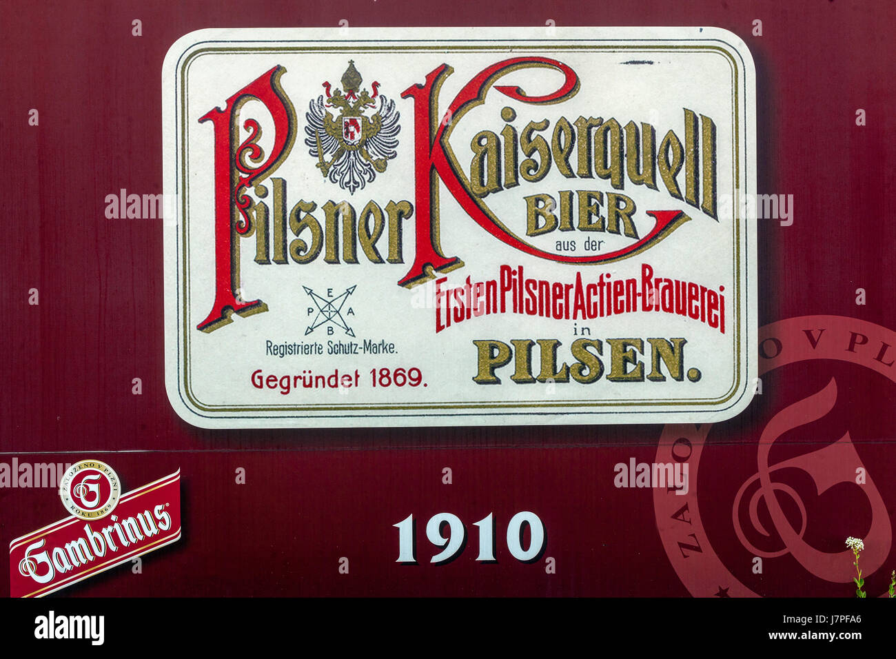 Geschichte der Marke Pilsner Brauerei Gambrinus, Logo, ab 1910, westlichen Böhmen, Tschechische Republik, Plzen, Europ Stockfoto