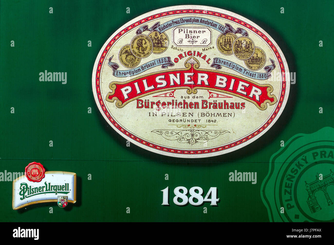 Geschichte der Marke Pilsner Brauerei Pilsner Urquell, Logo, aus dem Jahre 1884, westlichen Böhmen, Tschechische Republik, Plzen, Europ Stockfoto