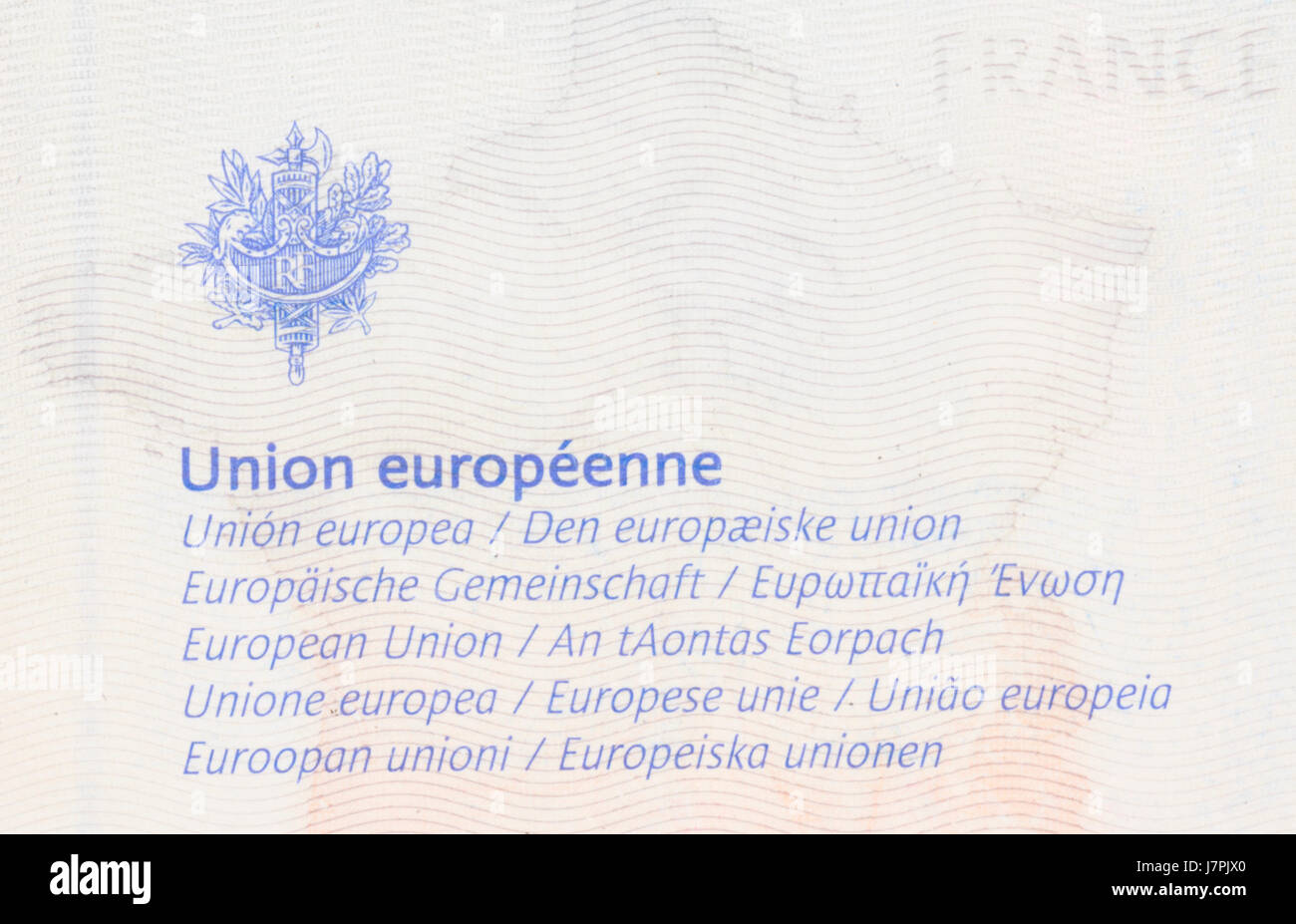 In einen französischen Pass, Emblem der Union européenne Stockfoto