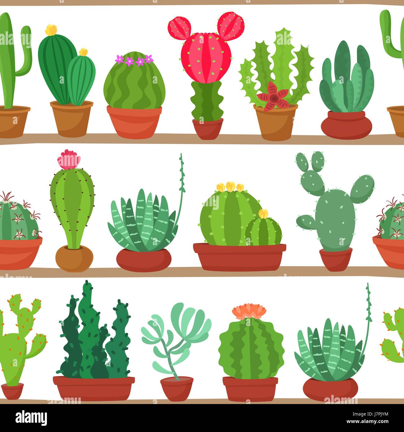Nahtlose Muster von Kakteen und Sukkulenten in Töpfen auf einem Regal. Zimmerpflanzen in den Regalen isoliert auf weißem Hintergrund. Natürlichen Hintergrund von Zimmerpflanzen in einem flachen Stil. Vektor-Illustration. Stock Vektor