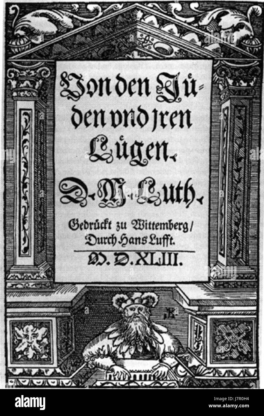 „Über die Juden und ihre Lügen“ von Martin Luther, geschrieben 1543, ist ein kontroverses und aufrührerisches Werk, das die Ansichten des Autors über das jüdische Volk diskutiert und spätere religiöse und kulturelle Perspektiven beeinflusst. Stockfoto