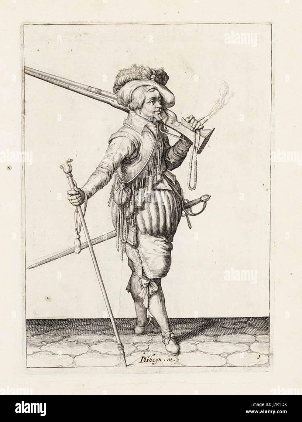 Aanwijzing 1 Voor Het Hanteren van Het Muskete Marcheert met de Furquet Inde Hant (Jacob de Gheyn, 1607) Stockfoto