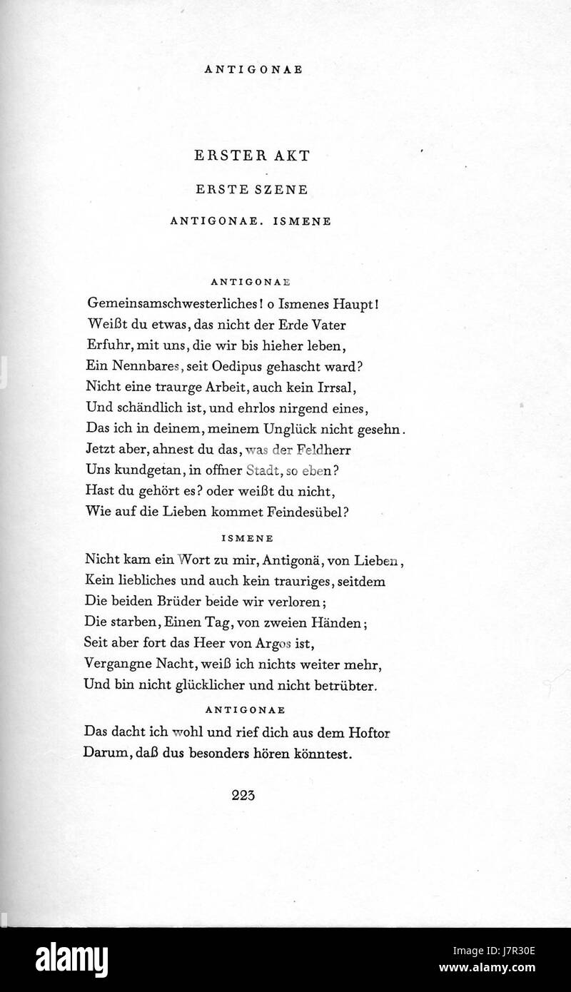 Antigonae 223 bezieht sich auf eine Passage oder Ausgabe der altgriechischen Tragödie Antigone, geschrieben von Sophokles. Sie beschäftigt sich mit Themen der familiären Loyalität und des zivilen Ungehorsams. Stockfoto
