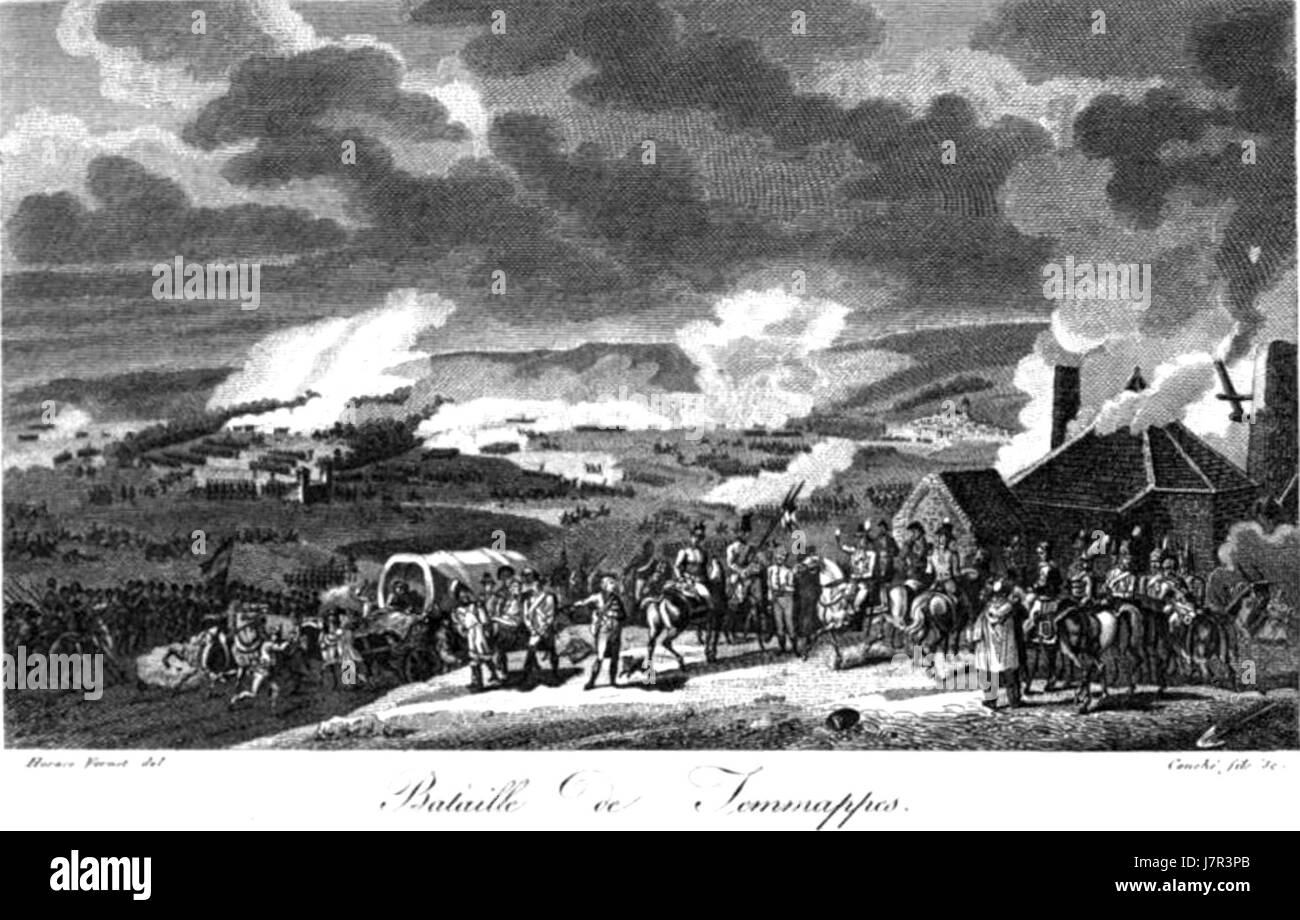 Die Schlacht von Jemappes war ein bedeutendes militärisches Eingreifen während der Französischen Unabhängigkeitskriege 1792. Die französische Armee kämpfte gegen österreichische Truppen in Belgien, was zu einem französischen Sieg führte. Stockfoto