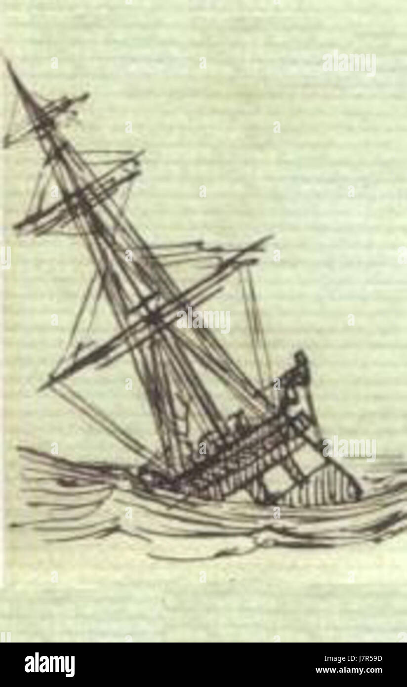 Dieser Titel bezieht sich auf ein Gemälde oder eine Szene, die die Borda darstellt, ein Schiffstyp, der durch raues Wetter navigiert, wahrscheinlich auf einen maritimen historischen Moment oder ein Kunstwerk, das sich auf die Seefahrt konzentriert. Stockfoto