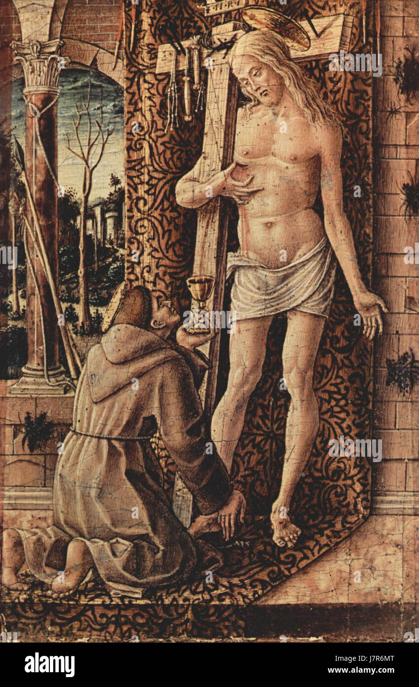 Dieses Gemälde von Carlo Crivelli, das wahrscheinlich aus der Renaissance stammt, spiegelt seine charakteristische Verwendung lebendiger Farben und religiöser Themen mit komplizierten Details und symbolischen Elementen wider. Stockfoto