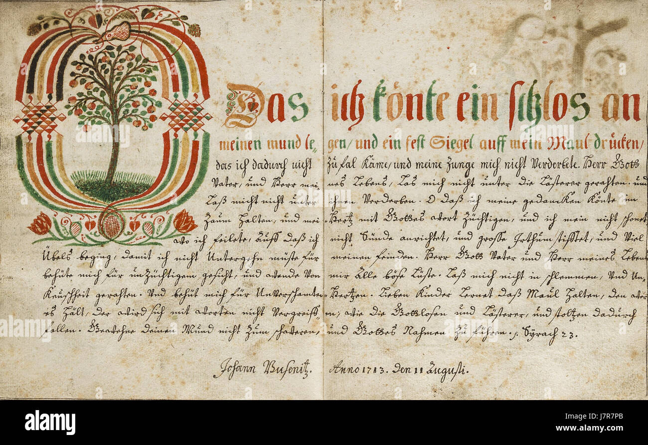 Der Satz "das ich koente ein schlos an meinen mund legen" bedeutet "dass ich mir ein Schloss auf den Mund legen könnte", was eine Reflexion über Sprache, Schweigen oder Zurückhaltung andeutet. Es ist ein deutscher Ausdruck, der innere Konflikte oder die Macht der Rede implizieren kann. Stockfoto