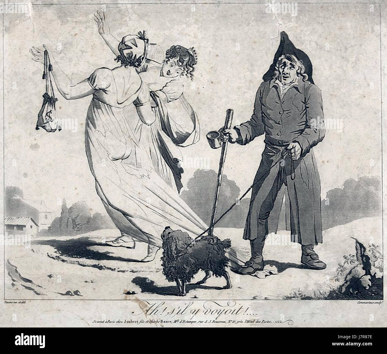 Diese Karikatur von 1797 fängt humorvoll die Modetrends der Directoire-Zeit in Frankreich ein und bietet einen satirischen Blick auf die Mode des späten 18. Jahrhunderts. Stockfoto