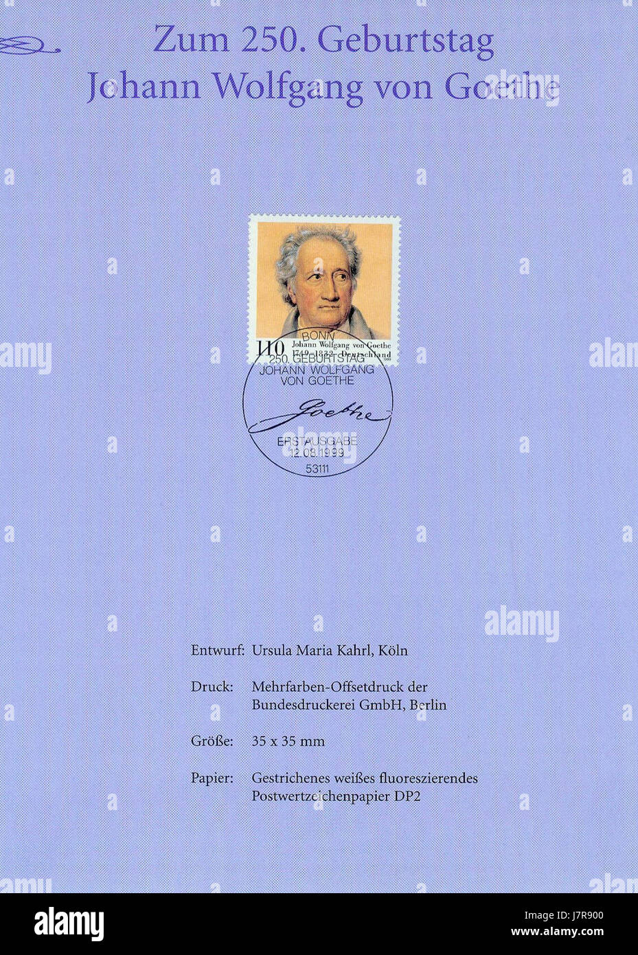 Dies bezieht sich auf einen Gedenkstempel aus dem Jahr 1999, der den deutschen Schriftsteller Johann Wolfgang von Goethe feiert und seine kulturelle und literarische Bedeutung markiert. Stockfoto