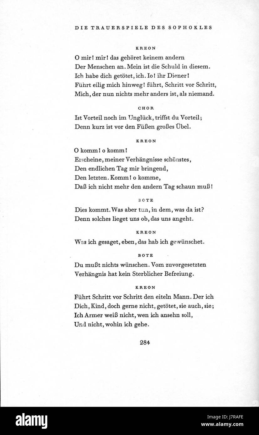 Antigonae 284 ist ein Verweis auf eine bestimmte Passage oder Ausgabe der klassischen griechischen Tragödie „Antigone“ von Sophokles, in der Themen wie Gerechtigkeit, Schicksal und Familientreue behandelt werden. Stockfoto