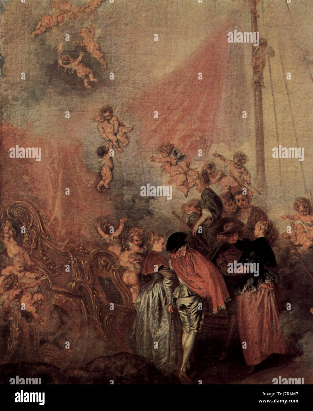 Dieses Stück von Antoine Watteau, genannt als Nummer 036, spiegelt seine Beherrschung der Rokoko-Kunst wider, indem er Romantik, Eleganz und zarte Farbgebung in seiner Darstellung der französischen Gesellschaft des 18. Jahrhunderts kombiniert. Stockfoto