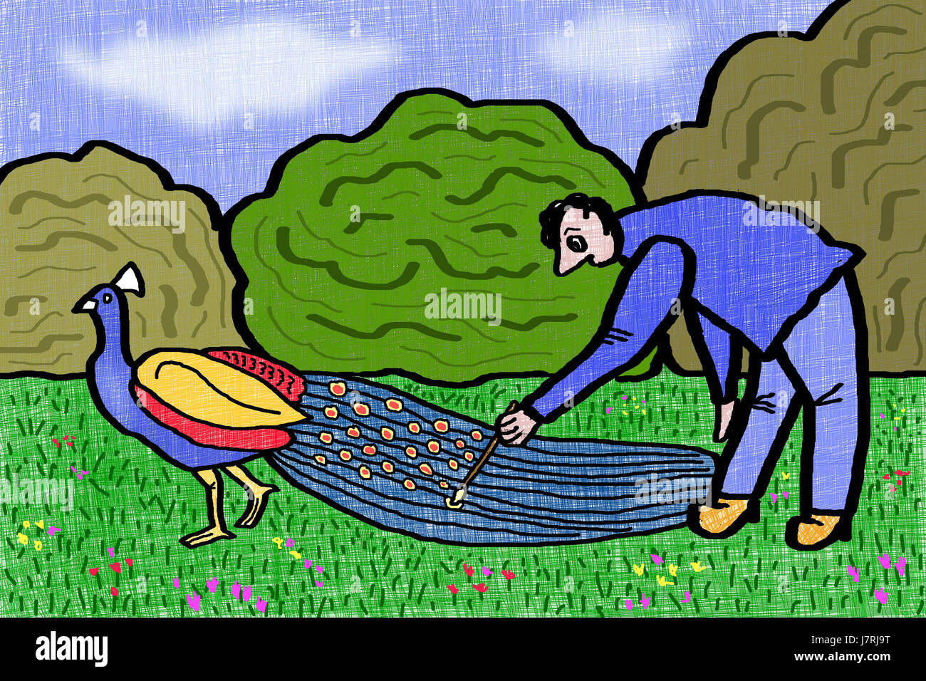 Comic-Malerei Pinsel zeichnen Foto Bild Bild Kopie Abzug Pfau cartoon Stockfoto