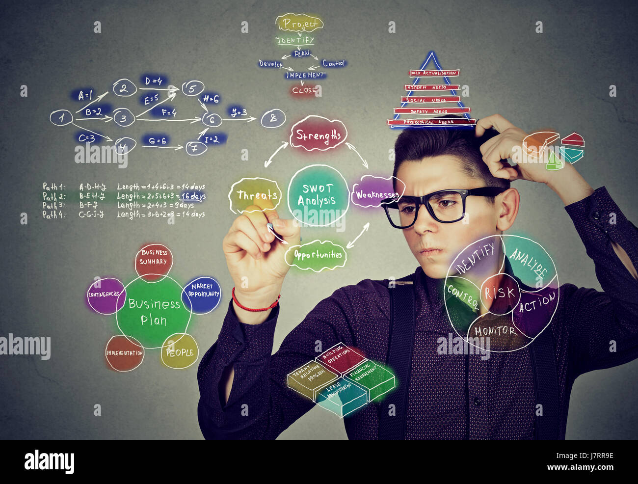 Intelligenter Mann Analyse menschlichen Bedürfnissen und Hierarchie schreiben selbst Entwicklungsplan auf grauen Hintergrund Stockfoto