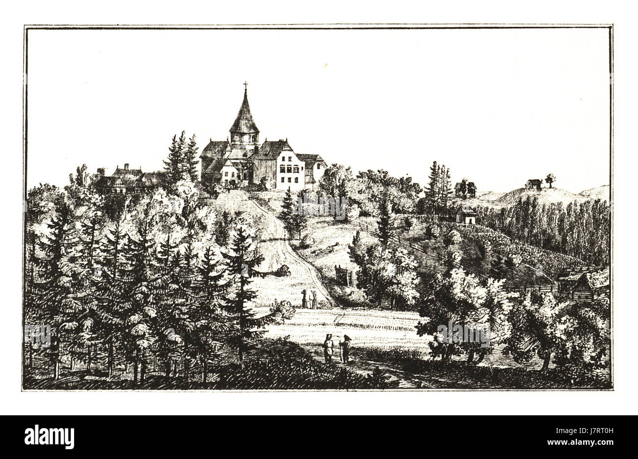 Die 1830 von J. F. Kaiser geschaffene Lithografie zeigt das Schloss Vasoldsberg in der Steiermark. Es zeigt eine Variationsszene im Vergleich zu anderen Werken der Serie „lithographische Ansichten der Steiermark“ von Marie Schmirmahl. Stockfoto