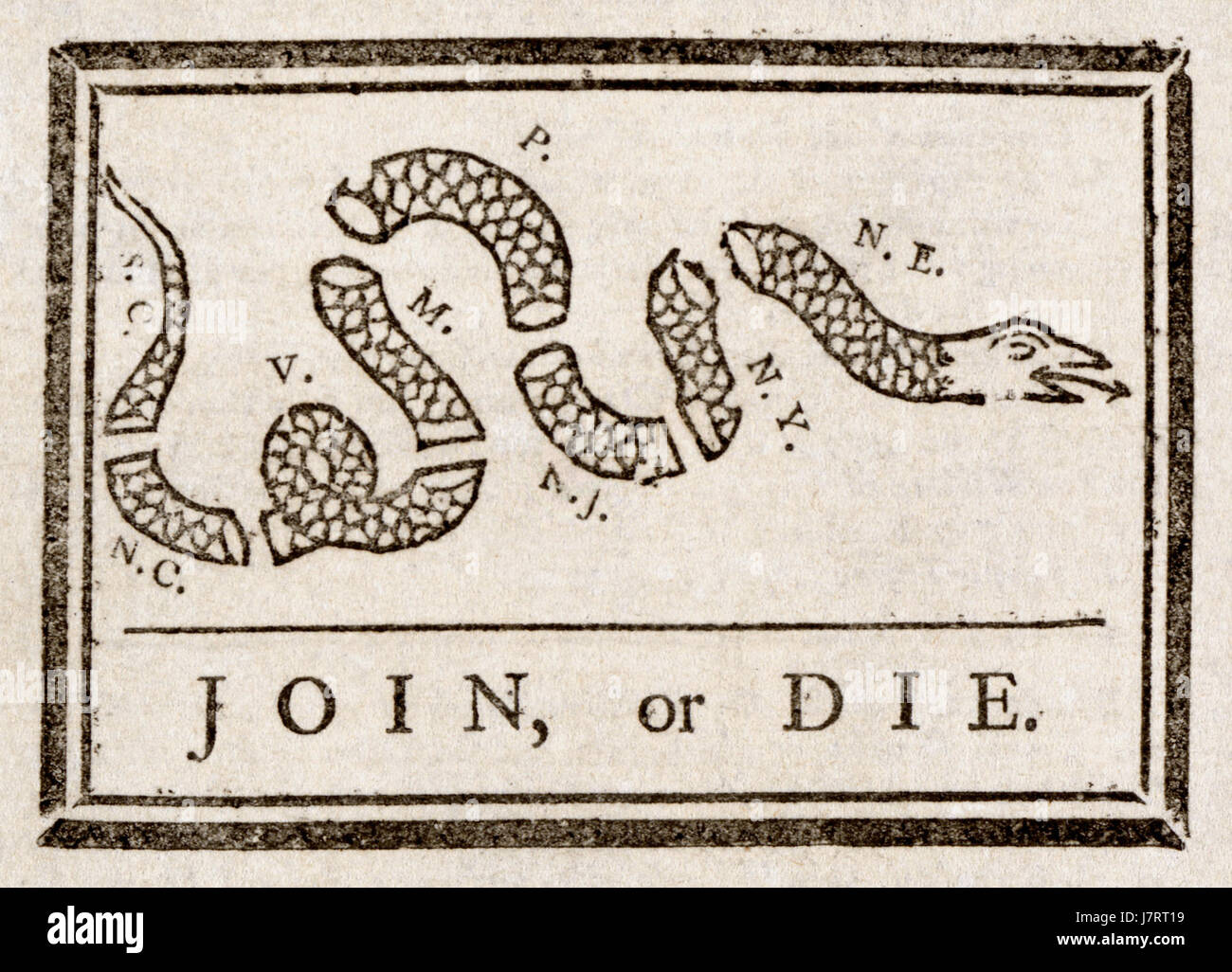 Die Illustration „Join, or die“, die Benjamin Franklin 1754 schuf, ist ein politischer Zeichentrick, der die Notwendigkeit symbolisiert, dass sich die amerikanischen Kolonien während des Französisch- und Indianerkrieges vereinigen müssen. Später wurde es als Symbol für die koloniale Einheit verwendet. Stockfoto