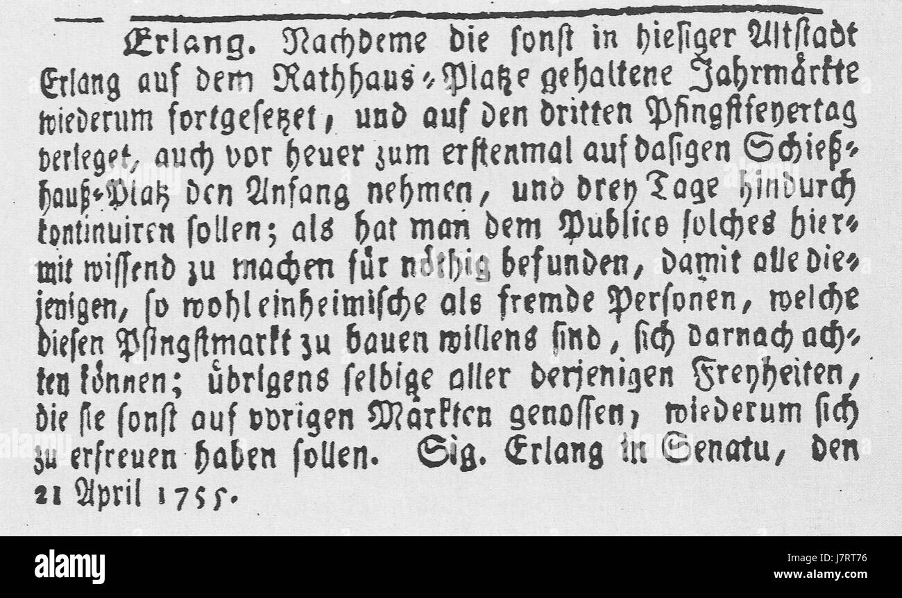 Die Bergkirchweih in Erlangen, die hier 1755 erwähnt wird, ist ein jährlich stattfindendes bayerisches Volksfest. Die Ankündigung aus dem Jahr 1755 stellt wahrscheinlich einen frühen Rekord dieses berühmten Ereignisses dar und bietet einen Einblick in die Ursprünge und die Geschichte der festivalâ in der Region. Stockfoto