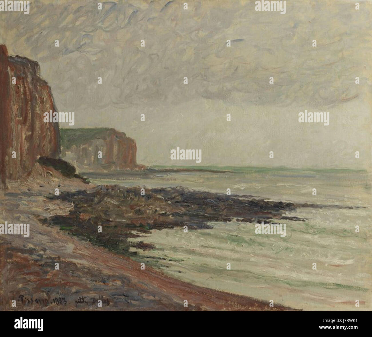 Ein Landschaftsgemälde von Camille Pissarro mit dem Titel „Falaises aux Petites Dalles“ zeigt den impressionistischen Ansatz des Künstlers an der französischen Küste. Stockfoto