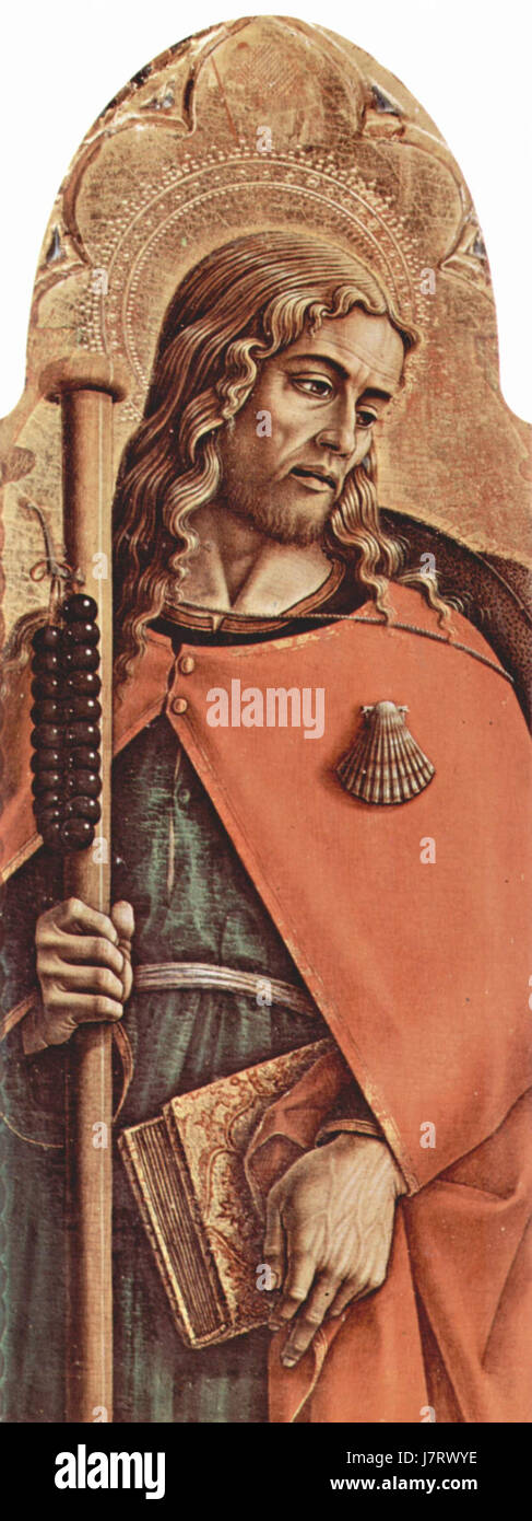 Dieses Kunstwerk, „Carlo Crivelli 064“, ist ein Gemälde des berühmten italienischen Künstlers Carlo Crivelli, das religiöse Themen durch akribische Ikonographie und lebendige Details darstellt. Stockfoto