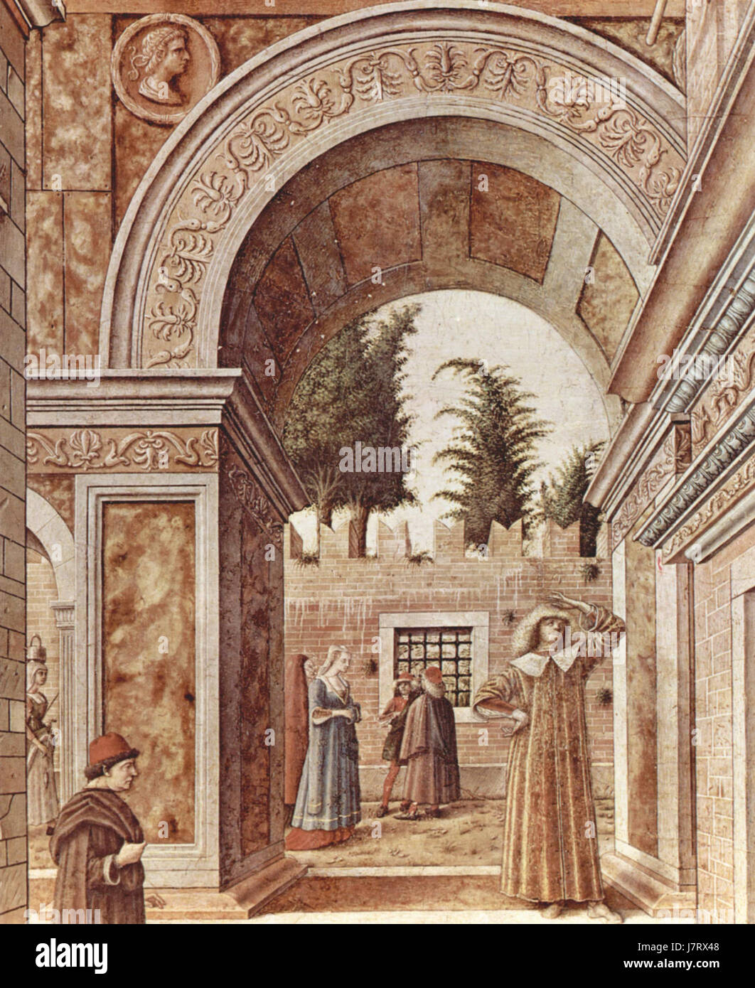 Das Gemälde von Carlo Crivelliâ mit dem Titel *070* spiegelt seinen unverkennbaren Stil mit komplexen Details und lebendigen Farben wider. Das Kunstwerk betont religiöse Themen, darunter die Madonna und das Kind, mit einem starken Fokus auf Realismus und sakrale Ikonographie. Stockfoto