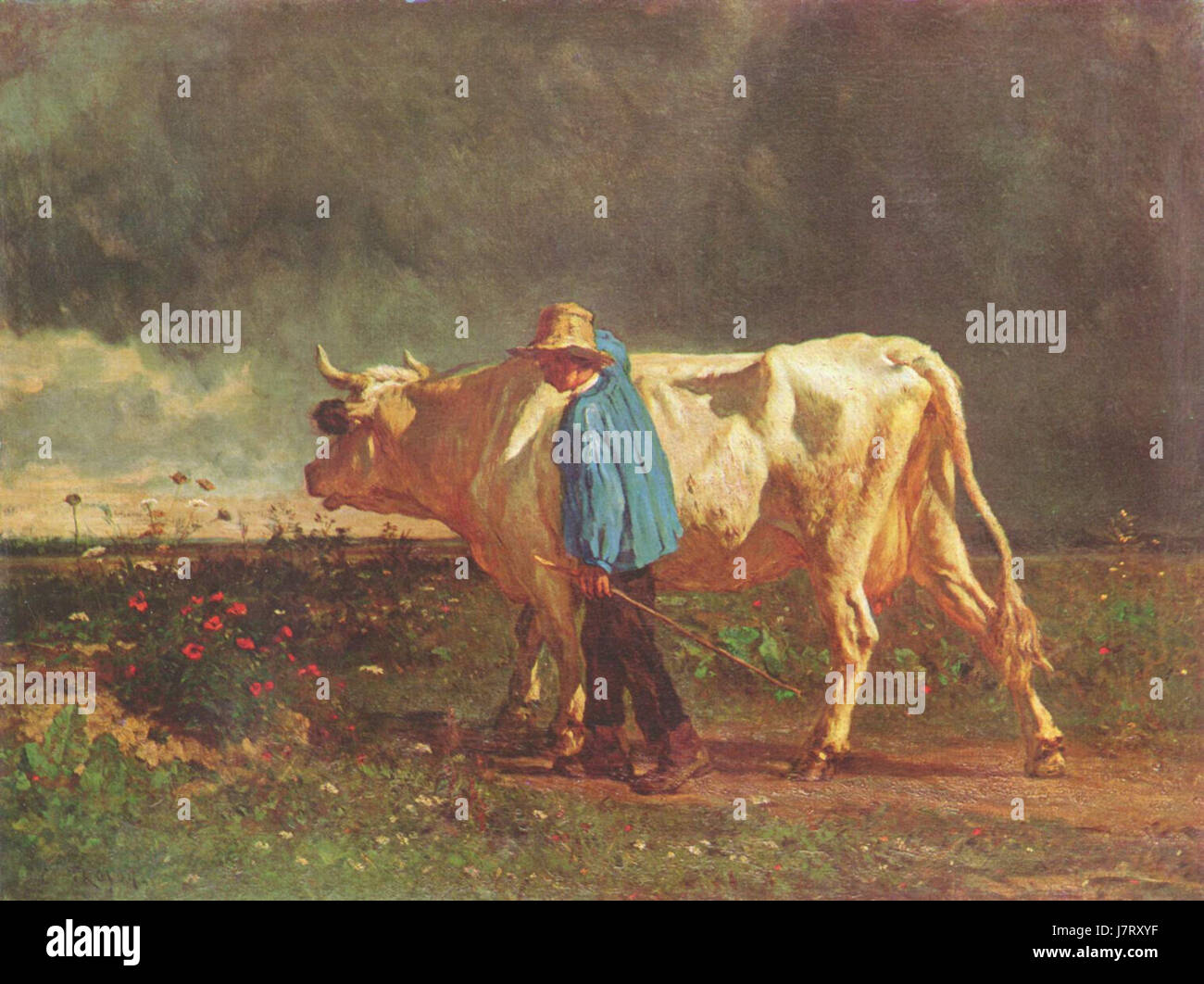 Constant Troyon war ein französischer Maler, der für seine Landschaften und Tiermalereien bekannt war. Dieses Werk stellt wahrscheinlich eine seiner berühmten Kreationen dar und zeigt seinen Stil und seinen thematischen Schwerpunkt. Stockfoto