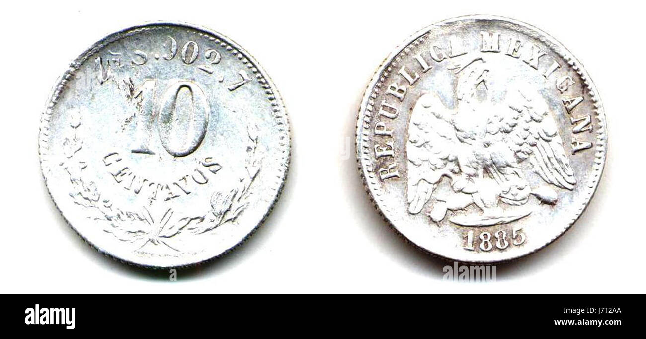 Diese Münze, die 10 Centavos von Zacatecas aus dem Jahr 1885, ist sowohl auf der Vorder- als auch auf der Rückseite gestaltet und spiegelt die Geschichte und das Währungssystem Mexikos während des späten 19. Jahrhunderts wider. Stockfoto