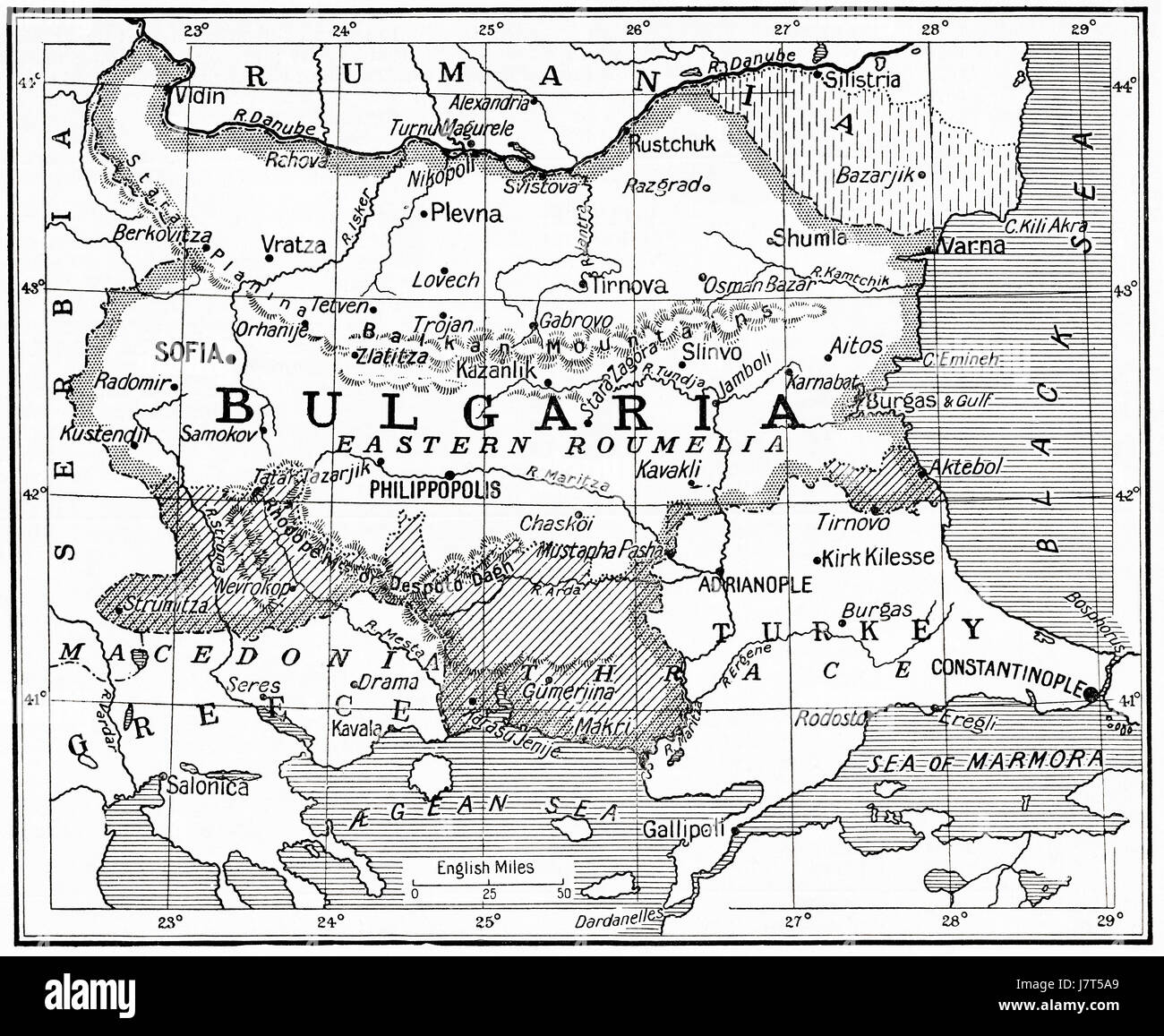 Karte von Bulgarien bei Ausbruch des ersten Weltkriegs.   Hutchinson Geschichte der Nationen veröffentlichte 1915. Stockfoto