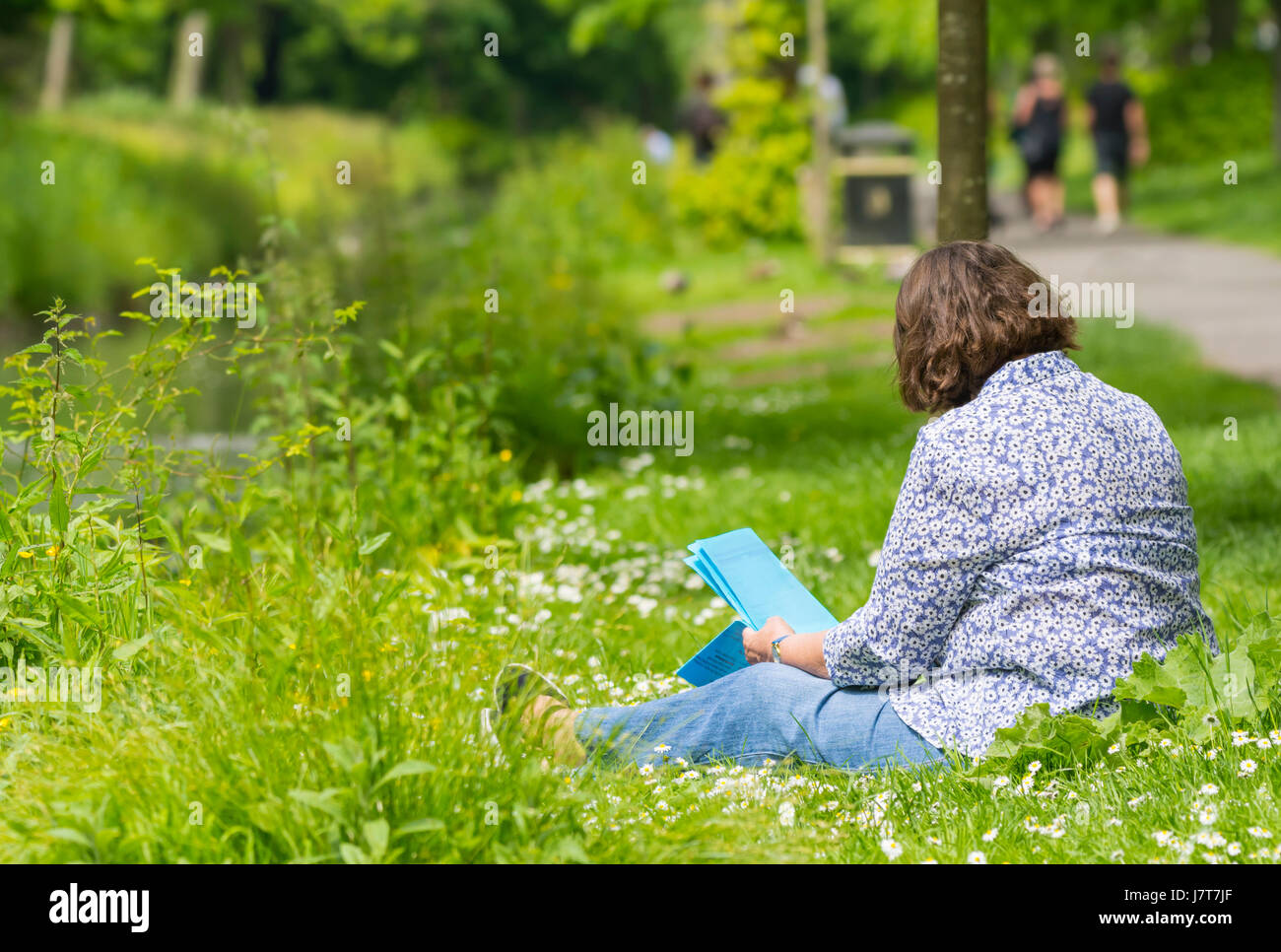 Frau sitzt auf dem Rasen an einem Bach in der UK-Landschaft im Sommer. Stockfoto