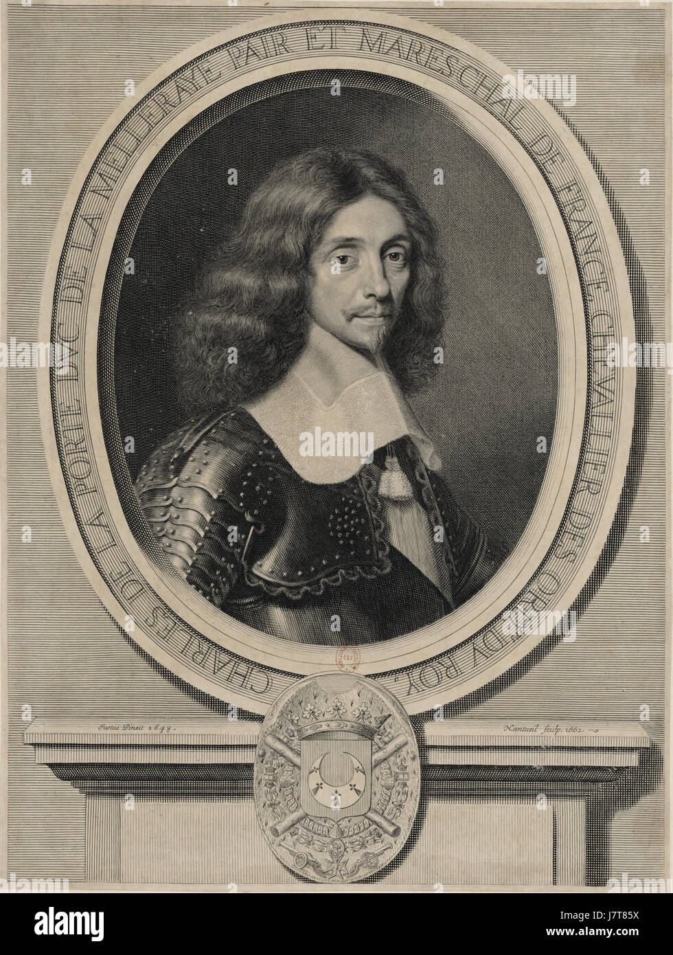 Ein Porträt von Charles de la Porte, Duc de la Meilleraye, erstellt von dem berühmten französischen Kupferstecher Robert Nanteuil. Dieses Kunstwerk fängt die Aristokratie und Mode des französischen Adels aus dem 17. Jahrhundert ein. Stockfoto