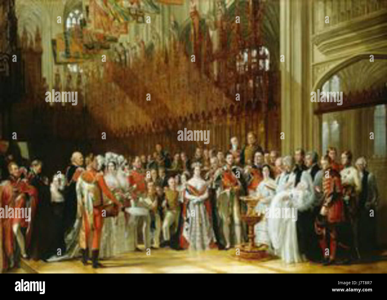 Das Gemälde *Taufe des Prinzen von Wales* von Sir George Hayter, erstellt am 25. Januar 1842, zeigt die königliche Taufzeremonie von Prinz Albert Edward, später Eduard VII. Genannt. Das Kunstwerk fängt die Größe und Zeremonie dieses bedeutenden Moments in der britischen königlichen Geschichte ein. Stockfoto
