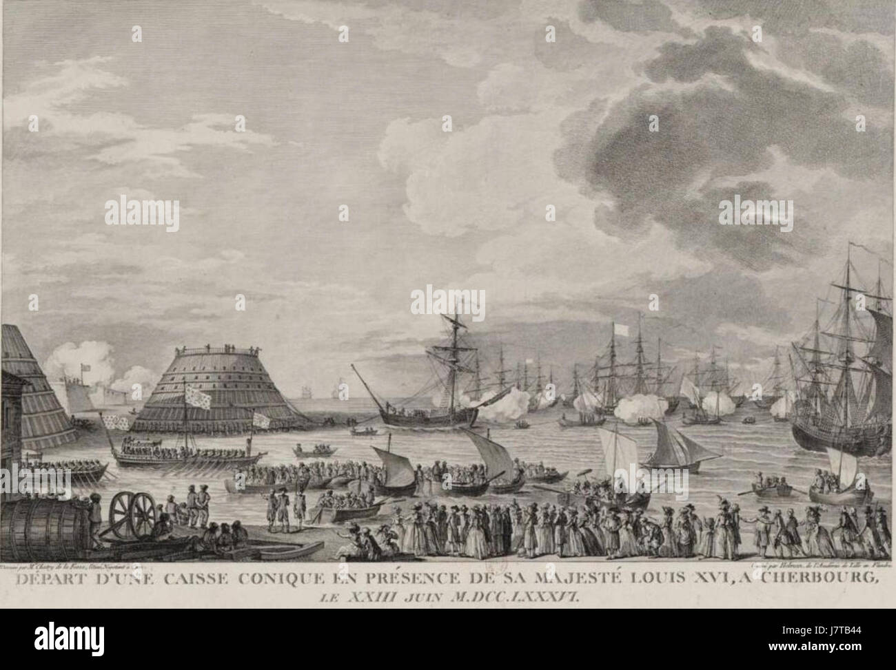 Der Bau des Deiches von Cherbourg im Jahre 1786 beinhaltete das Abschleppen eines Kegels in Anwesenheit des französischen Königs. Diese historische Meisterleistung trug zur Entwicklung des Hafens und seiner strategischen Bedeutung in Frankreich bei. Stockfoto