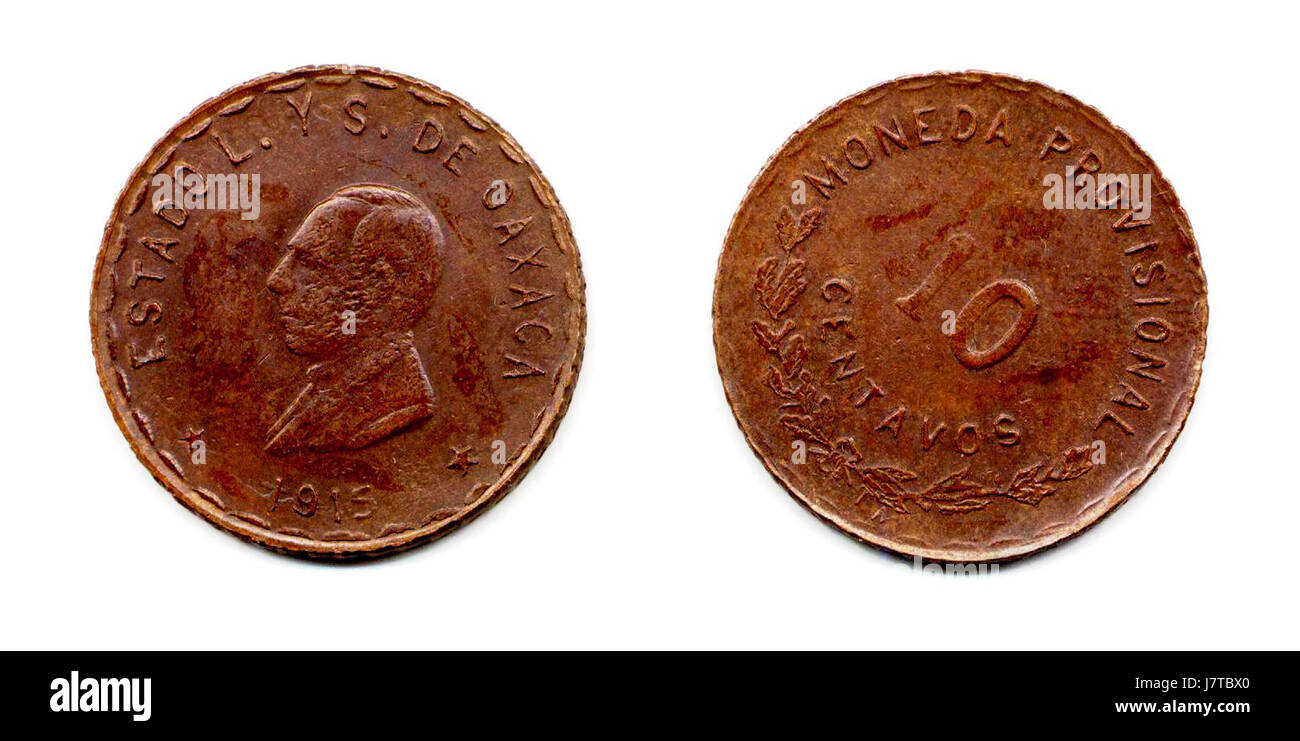 Dieses Bild zeigt eine 1915er 10-Centavos-Münze aus Oaxaca, Mexiko, mit einer Büste mit geschlossenem Revers auf der Vorder- und Rückseite. Es ist ein wichtiges Artefakt der mexikanischen Numismatik des frühen 20. Jahrhunderts. Stockfoto