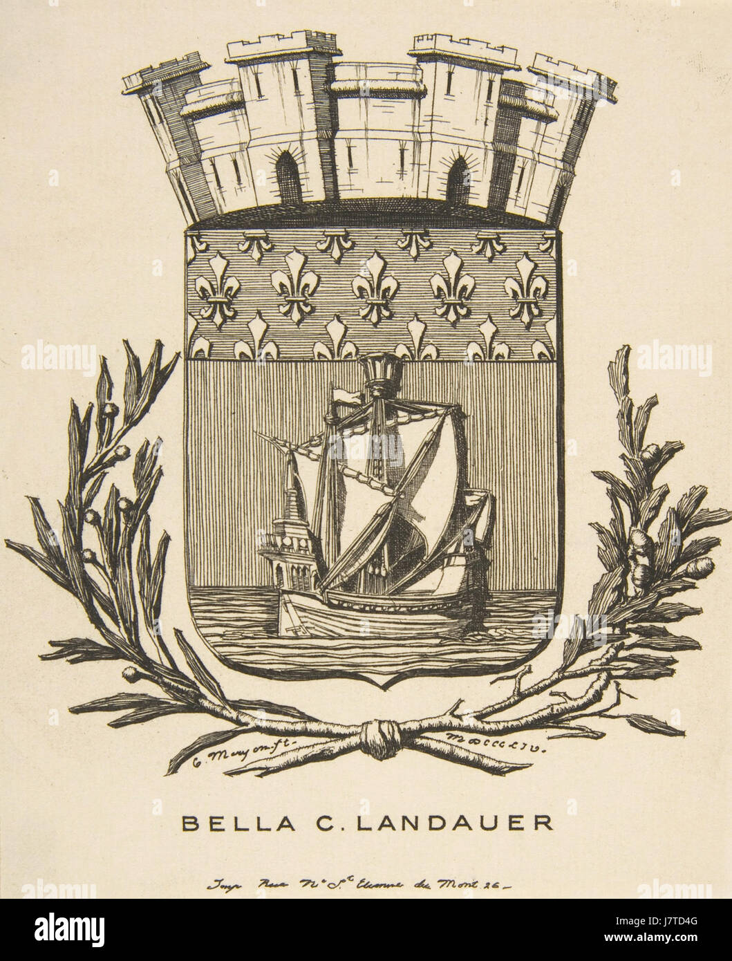 Charles Meryon, Wappen als Symbol für die Stadt Paris; Exlibris von Bella C. Landauer Stockfoto
