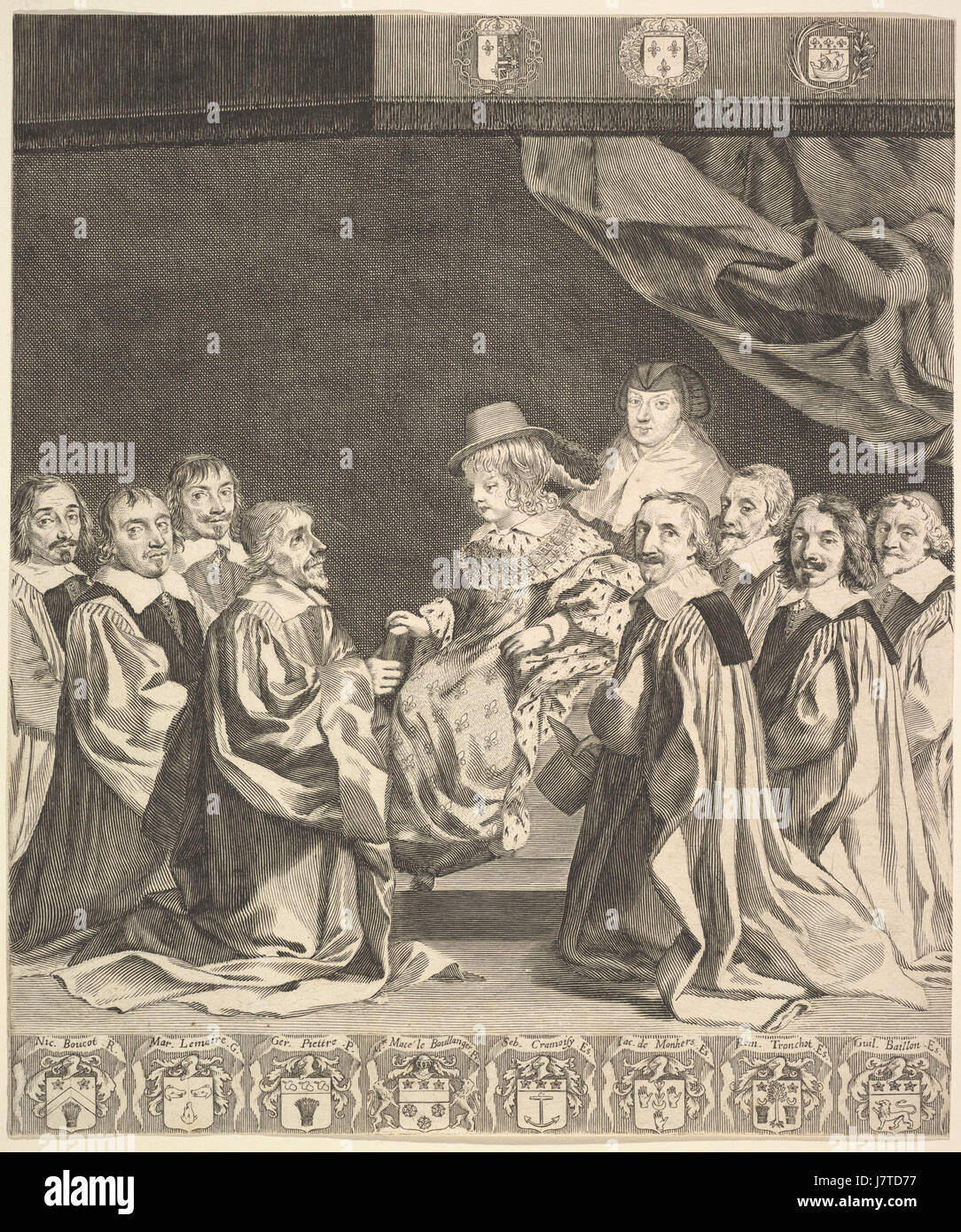 Claude Mellans Frontispiece für „Les Ordonnances royaux“, um 1644, zeigt komplizierte Gravuren, die typisch für seinen Stil sind. Das Bild repräsentiert königliche Dekrete und französische Regierungsführung im 17. Jahrhundert. Stockfoto