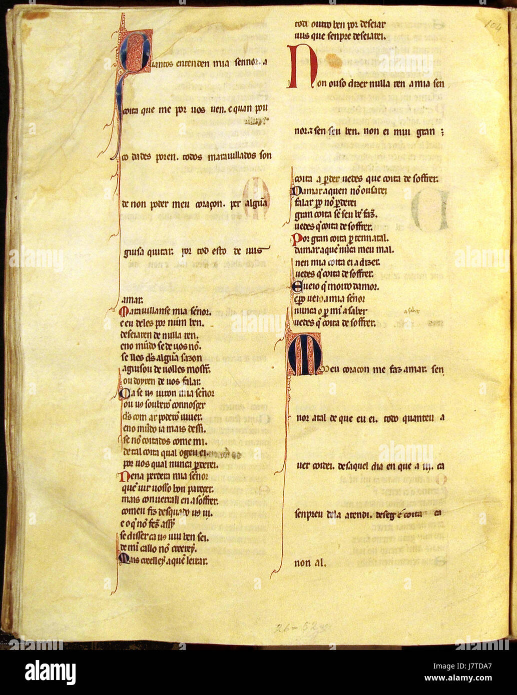 Der Cancioneiro da Ajuda ist ein bedeutendes Manuskript der portugiesischen mittelalterlichen Musik. Dieser Eintrag bezieht sich auf Seite 104, 13v und bietet wertvolle Einblicke in die mittelalterliche Musik und ihren historischen Kontext. Stockfoto